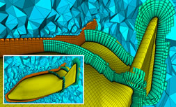 T-REXによる境界層ハイブリッドメッシュ生成例（X-38 re-entry vehicle）画像提供 ： Courtesy of  Pointwise, Inc.